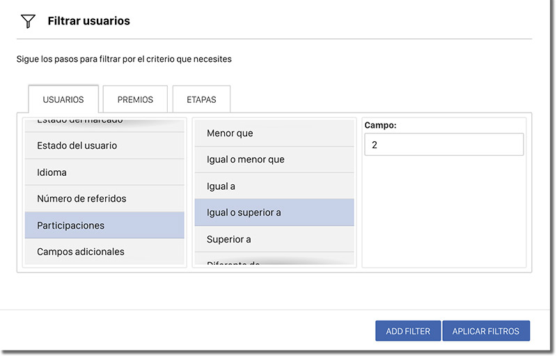 sistema de filtros y de segmentación de usuarios