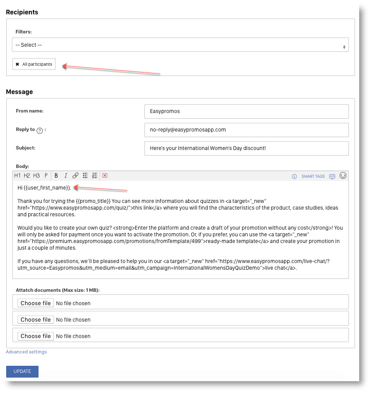 Ejemplo de un correo con etiquetas inteligentes.