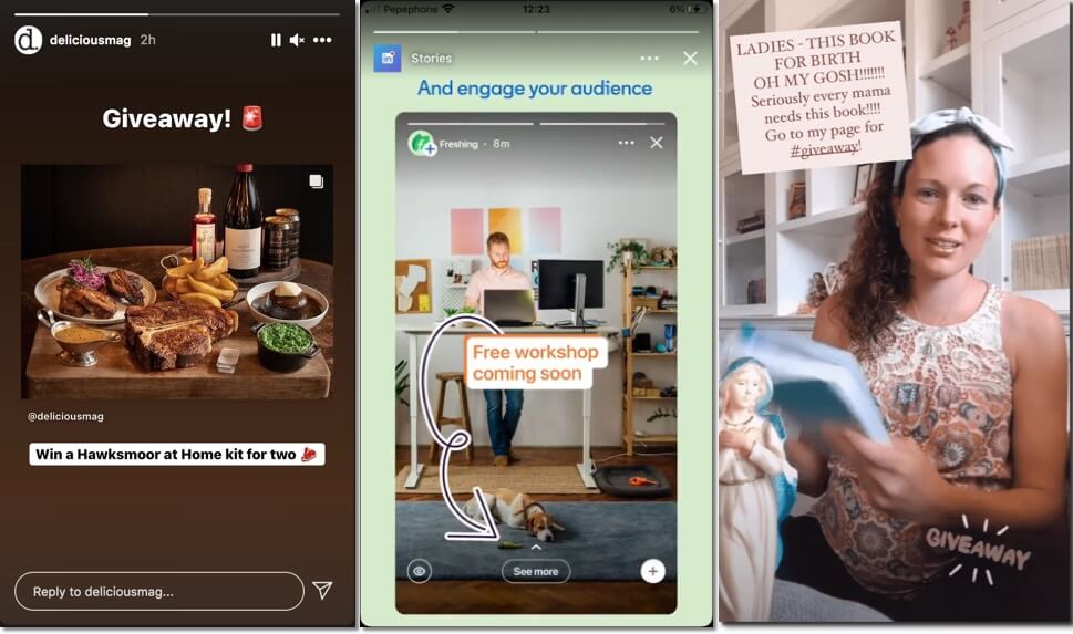 Example of stories on social media promoting giveaways and online campaigns