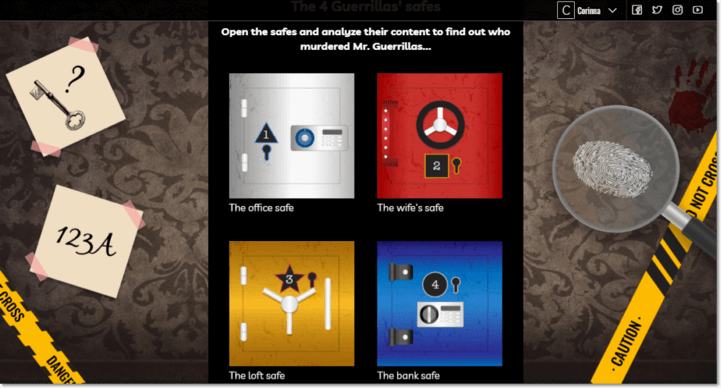 Screenshot of the first stage of the classic escape room. Users are invited to open 4 safes - the office safe, the wife's safe, the loft safe and the bank safe. Each safe contains a puzzle which contributes to the solution of the game.