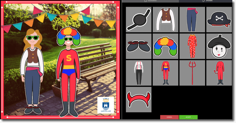 scenes app example of a dress up game. image of two characters being dressed and extra stickers
