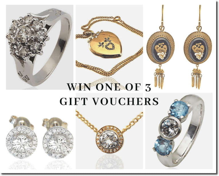 Banner announcing an online jewelry promotion. The image shows two rings, two necklaces, and two pairs of earrings. The overlay text reads, "Win one of 3 gift vouchers".