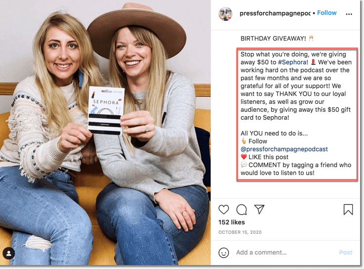 podcast giveaways and promotions on instagram. screenshot of a comment giveaway