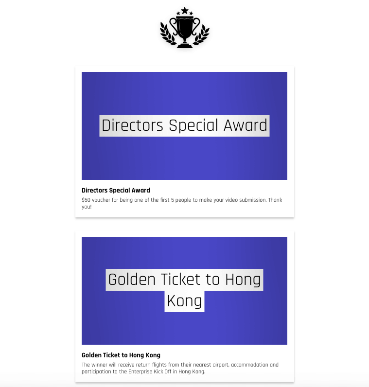 Winners page from the video contest.  No winners have been selected yet, but the page displays the details of the Directors Special Award and the Golden Ticket to Hong Kong.